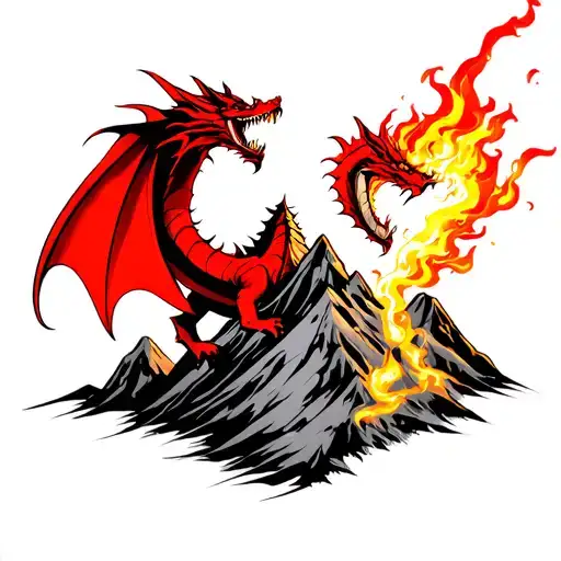 Red Dragon Spitting Fire To A Gold Mountain