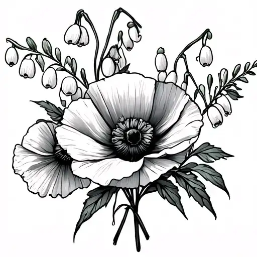 Poppy And Lilly Of The Valley In A Bouquet Fine Line
