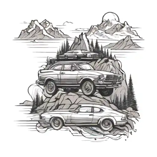 An Architectural Blueprint Of A Car Driving Through Mountains And Beaches