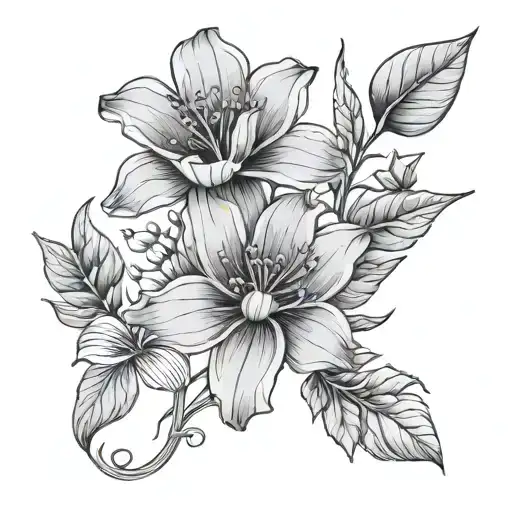 Line Drawn Stem Flowers With One Purple Flower