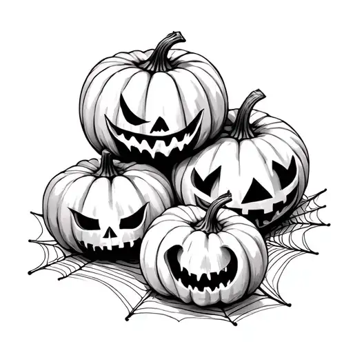 Three Pumpkins And Spider Webs Entwined Together