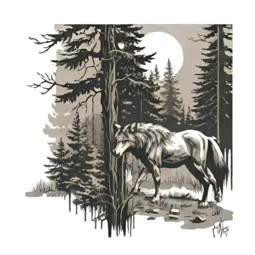 Wolf And Horse In Forest Trees Looking