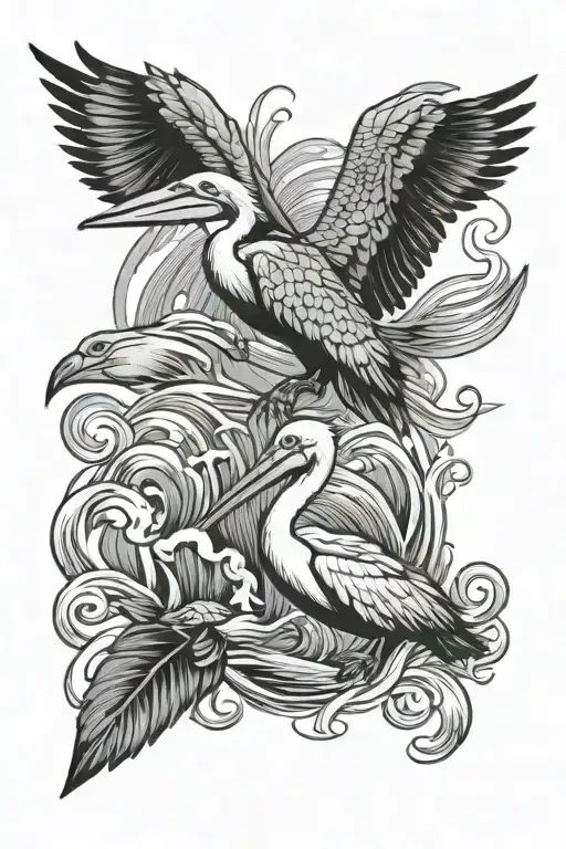 Pelican And Turtle With Waves And Gum Leaves