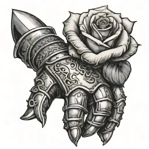 Draw Me A Tattoo Of A Medieval Armor Glove Holding A Rose With Fingers In Realistic Style