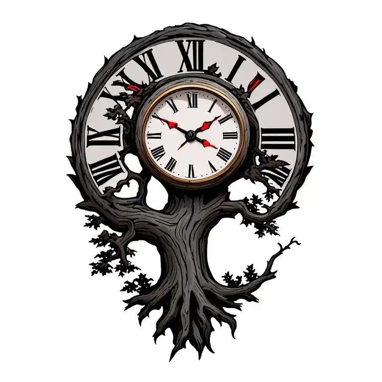 Clocknwithba Cedar Tree With Roman Numerals With The 3 And 7 Being Larger And Red