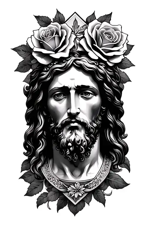 Cross With Roses And Jesus Face