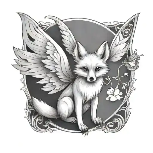 Small Fox With Angel Wings And Butterfly