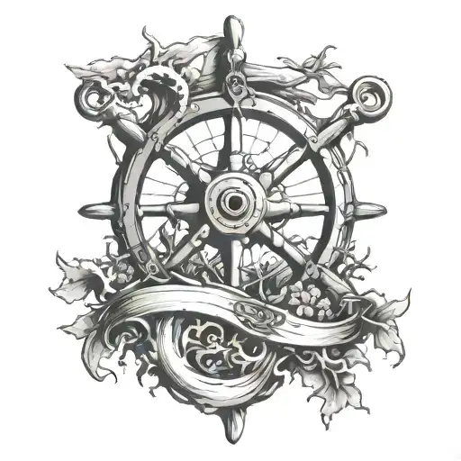 Wooden Pirate Ship Wheel Surrounded By Coral