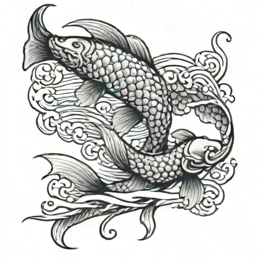 Koi Fish With Waves And 3 Chinese Symbol Going Vertical