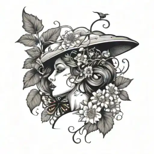 Woman Body Pulled Down By Vines With Flowers Mushrooms Vines And Ladybug Around Her