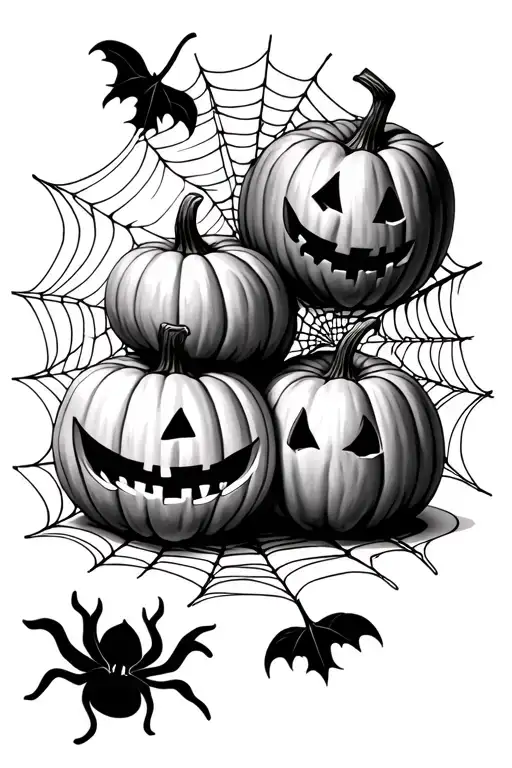 Three Pumpkins And Spider Webs Entwined Together