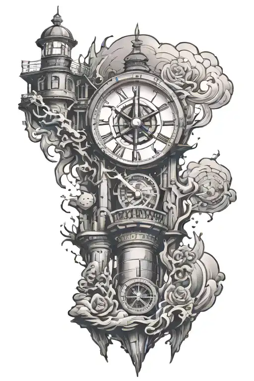 Clock Melting Inside A Lighthouse And A Compass Surrounded