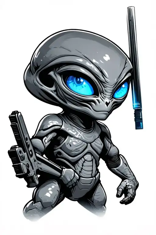 Blue Eyed Standing Full Body Alien With Space Gun