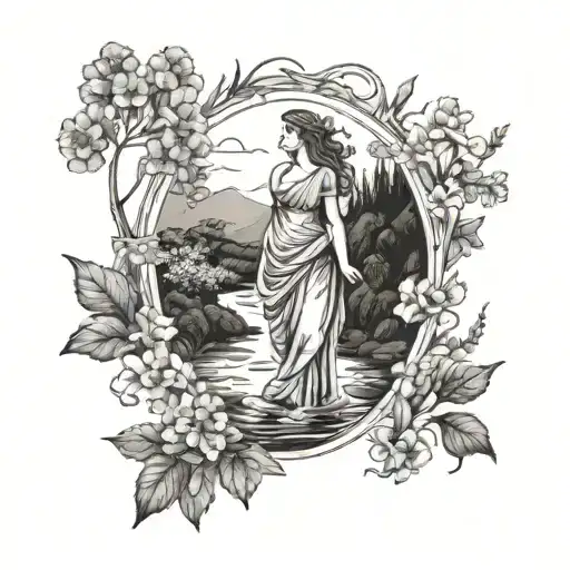 A Nature Scene With A Greek Goddess Standing In A River Surrounded By Wildflowers And Trees