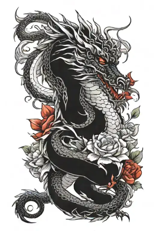 Dragon In Full With Red Flower Bouquet