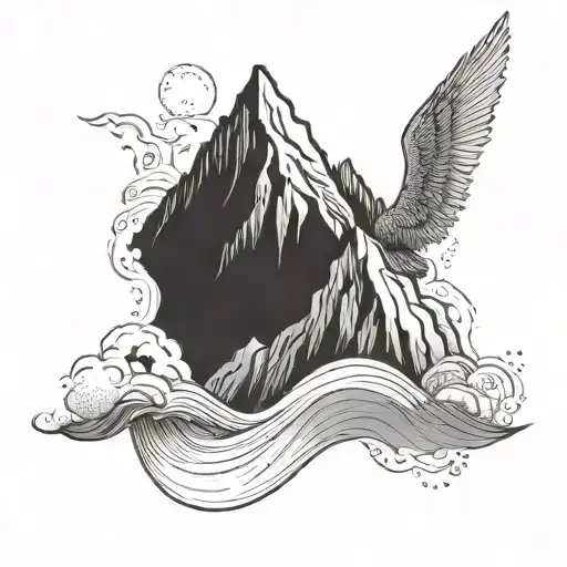 Mountain And Wave And Angel Wing Fine Line Tattoo Simple