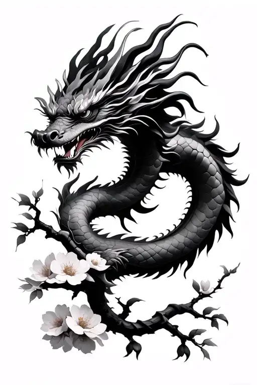 Chinese Dragon On Sakura Branch