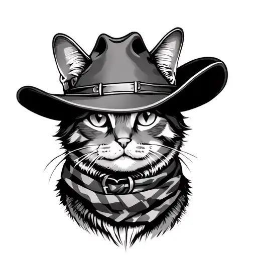 Line Art Style Cat Wearing A Cowboy Hat And A Scarf Around It's Neck
