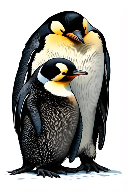 Emperor Penguin Fatherhood Protecting Its Cub Black And Grey