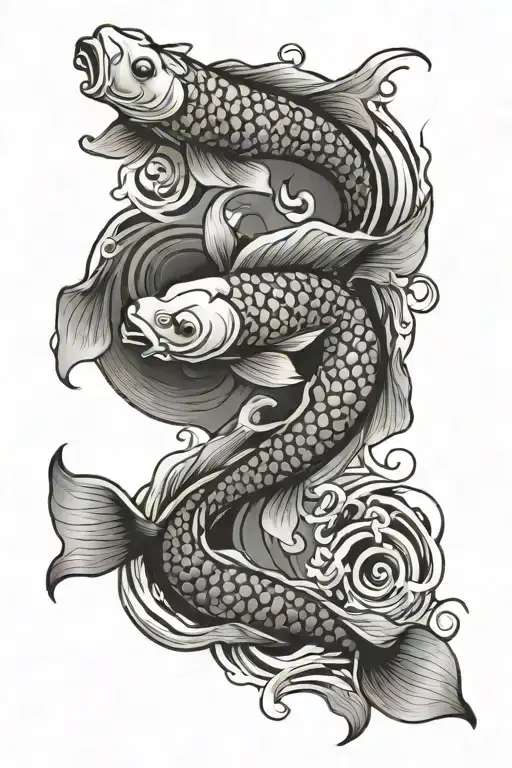 Koi Fish With Waves And 3 Chinese Symbol Going Vertical