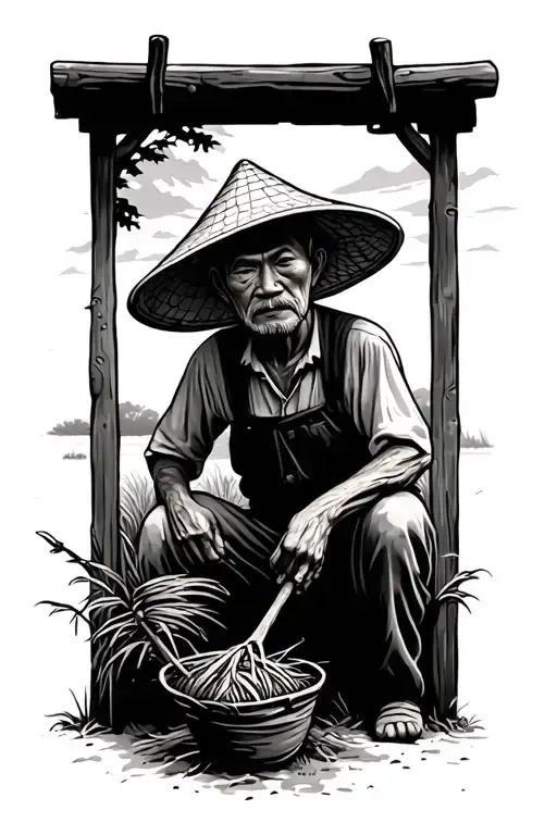 Older Chinese Farmer Working In The Field With His Face Hidden By His Hat
