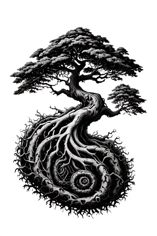 Odaa Tree With Its Roots Reaching Down And Turning Into A Bunch Of Spirals