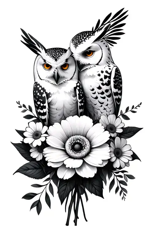 Two Unrealistic Snowy Owl Heads Embracing In Bouquet Of Large Flowers