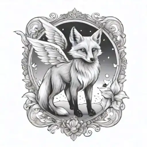 Small Fox With Angel Wings And Butterfly Flying Away