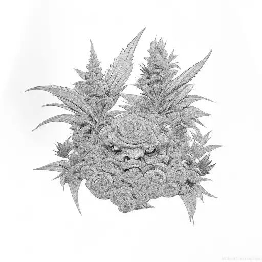 A Black-grey Tattoo Of A Boss Silhouette Surrounded By Stacks Of Money And Weed Plants