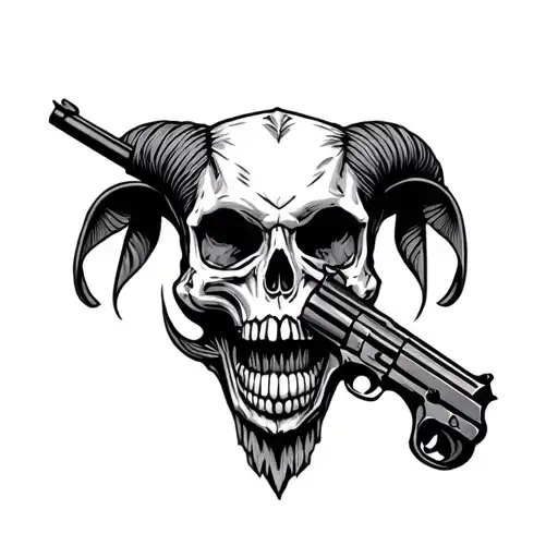 Skull With Goattee Holding Gun Intertwined