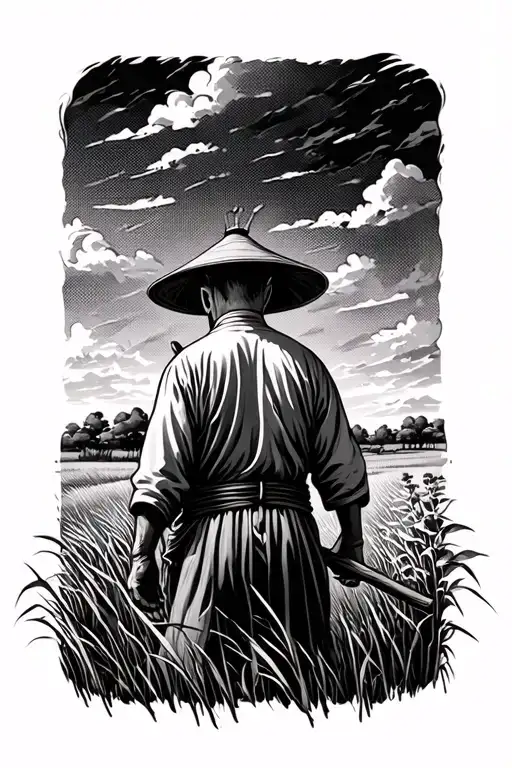Old Chinese Farmer In A Field Facing Away