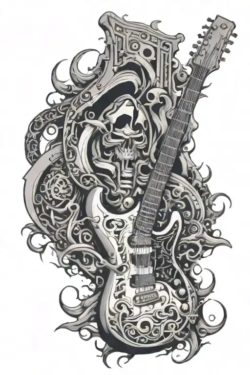 Half Guitar Half Gun With Scene Of Chaos On Body