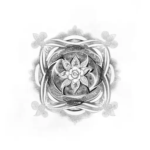 A Black And Grey Tattoo Of A Yin Yang Symbol With Delicate Floral Patterns Intertwined