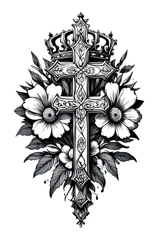 Cross With Crown Surrounded By Bold Flowers