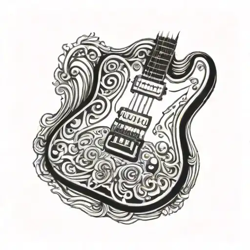 Black And White Sketch Of A Guitar In The Style Of Old School