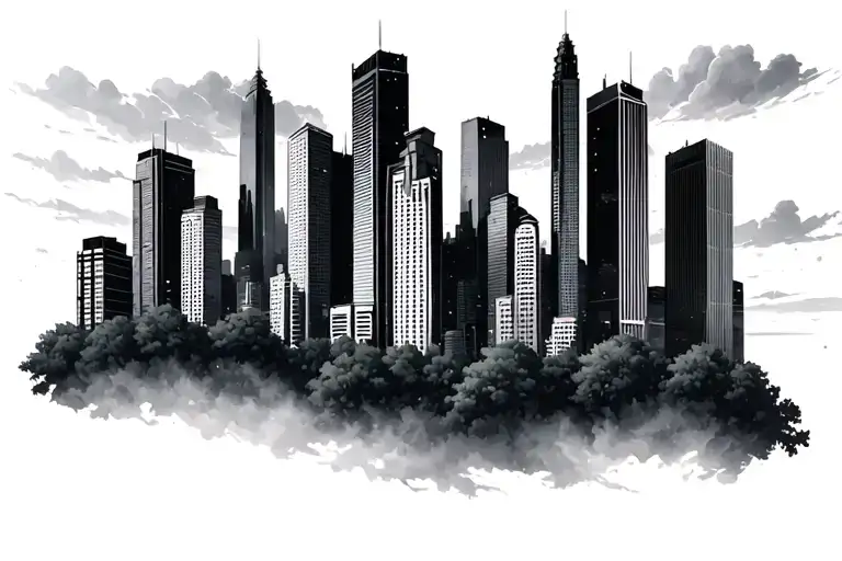 Skyline Buildings In A Line Over Grown Withe Jungel