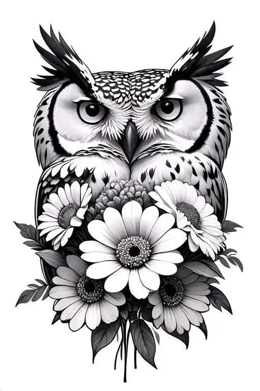 Two Unrealistic Snowy Owl Heads Embracing And Camouflaged Bouquet Of Large Flowers