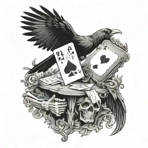 A Crow Perched On The Shoulder Of A Card Playing Skeleton Howing Aces And Eights
