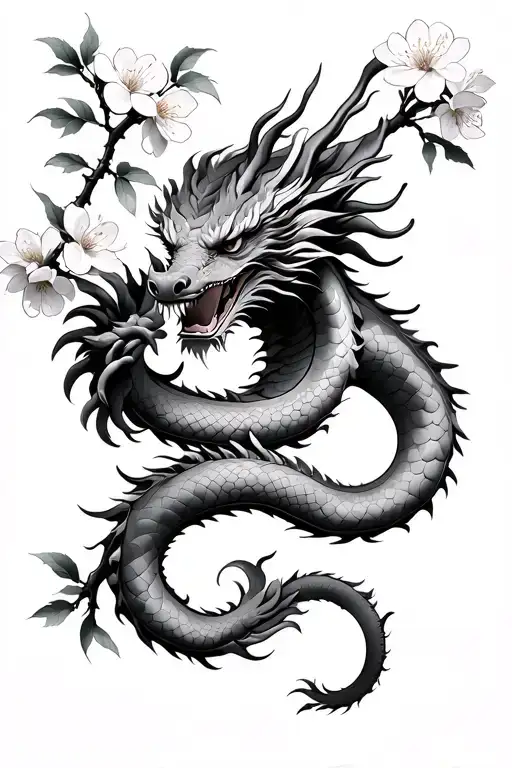 Calm Japanese Dragon Curled Around A Cherry Blossom Branch