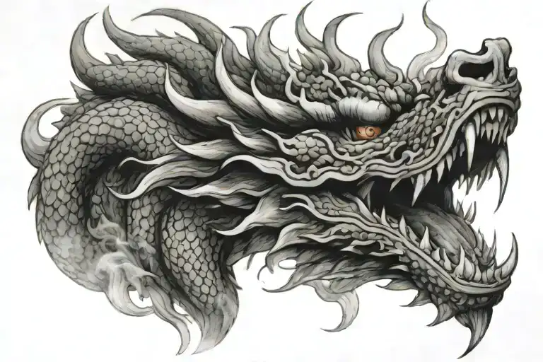 Half Sleeve Asian Dragon With Smoke Coming Out Of Its Mouth Open