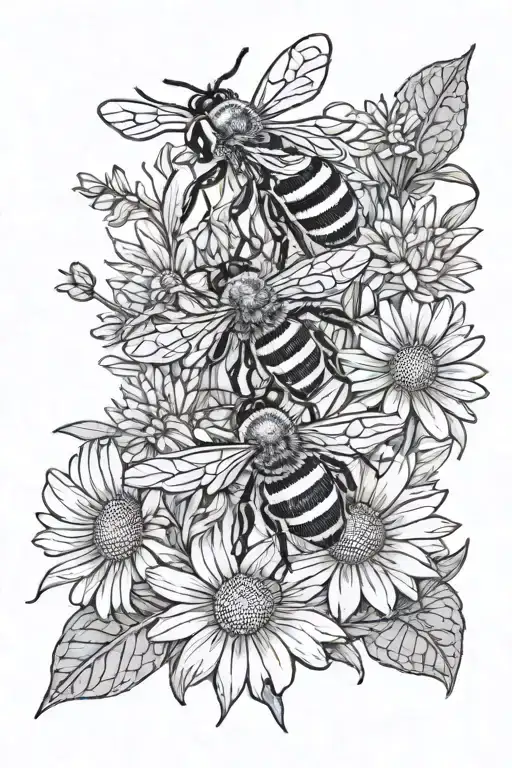 Bees And Daisies Line Tattoo Nit Colourd In