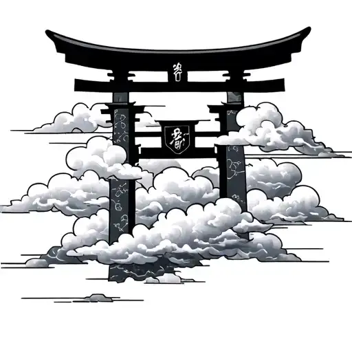 Japanese Tattoo With Cloud Background And A Torii