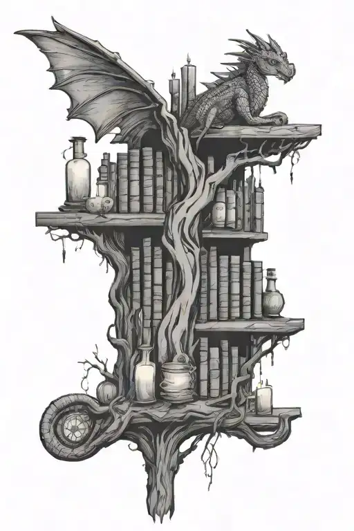 Bookshelf Built Into Tree Enchanted Dragon Candles Potion