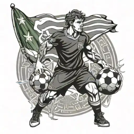 A Celtic Warrior Holding A Soccer Ball With Spanish And Brazilian Flags In The Background