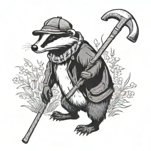 Badger Stood Up Wearing A Black And White Football Scarf And A Flat Cap Holding A Walking Stick