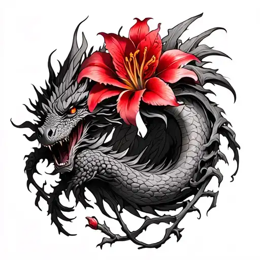 Red Spiderlily Flower And Vine Wood Wrapped Around A Dragon