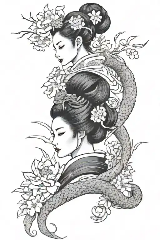 Geisha With Cool Dragon And Flowers Intertwined