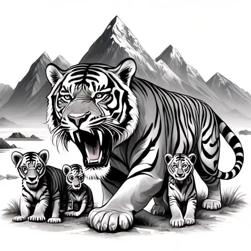 Roaring Tiger With 3 Cubs Playing With Mountains