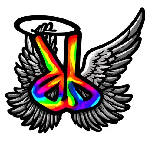 A A Peace Sign With Halo And Wings Filled In With Rainbow Colors