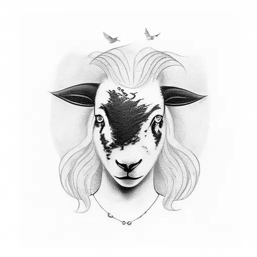 Tattoo Of A Girl With A Black Sheep Head On Top Of Her